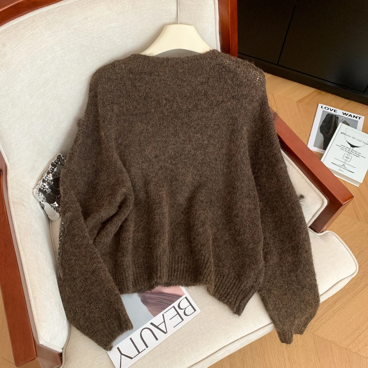 المرأة البني متماسكة البلوز سترة خمر البلوز متماسكة طويلة الأكمام فراشة سترة الكشمير المعنقة الخريف الشتاء 2000s الملابس 2025