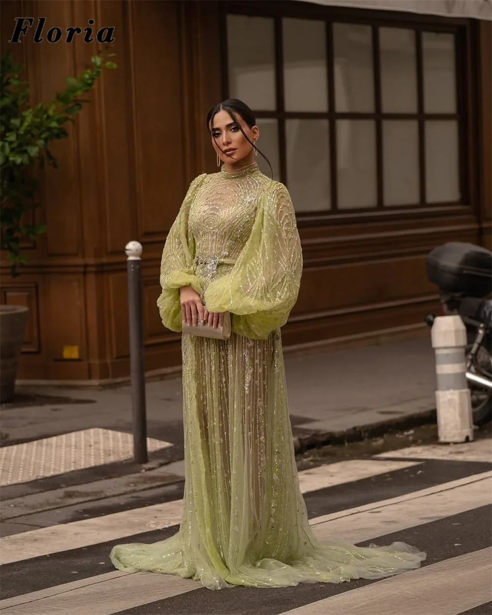 Middle East Long Sleeves Evening Dresses Green Beaded Illusion Women Prom Dress Wedding Party Gown Vestidos De Cóctel Customized