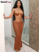 Conjunto de 2 piezas de punto de gato extraño para mujer, camisola con cadena de Metal + faldas largas de vendaje, ropa de discoteca de medianoche a juego para vacaciones