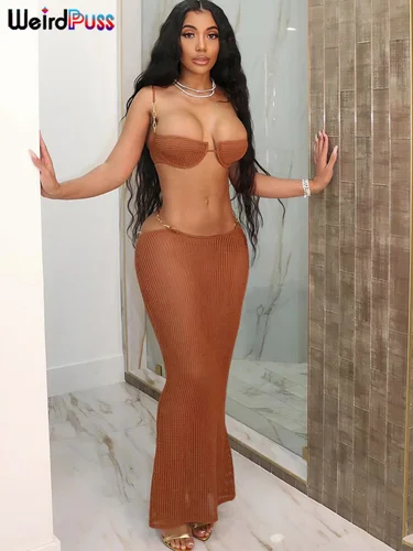 Imagen 1 del producto Conjunto de 2 piezas de punto de gato extraño para mujer, camisola con cadena de Metal + faldas largas de vendaje, ropa de discoteca de medianoche a juego para vacaciones