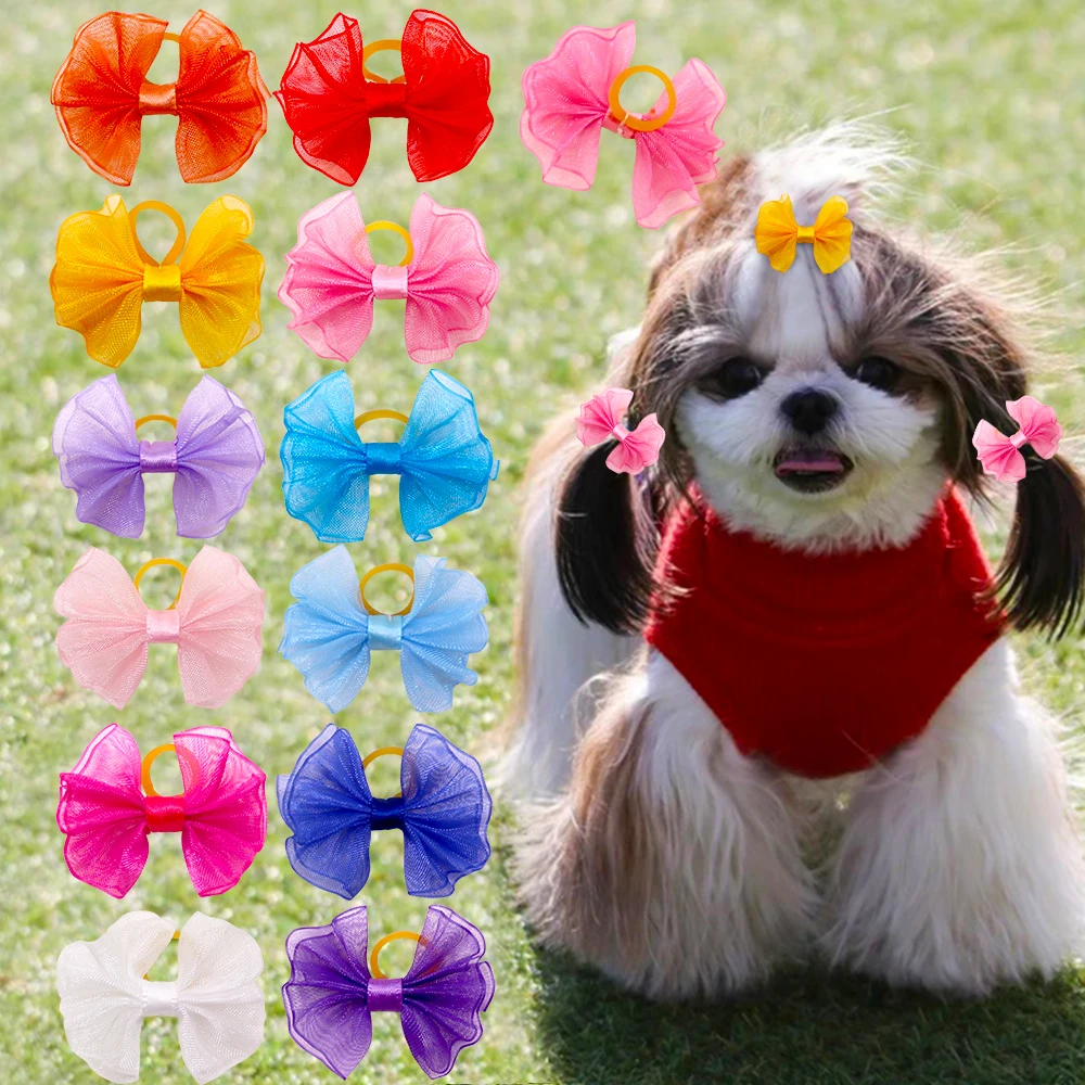 20pcs Dog Hair Bows Lace Dog Hair Accessores Pet Grooming Supplies Cute Small Dogs Bows Rubber Bands Accessoreis For Small Dogs