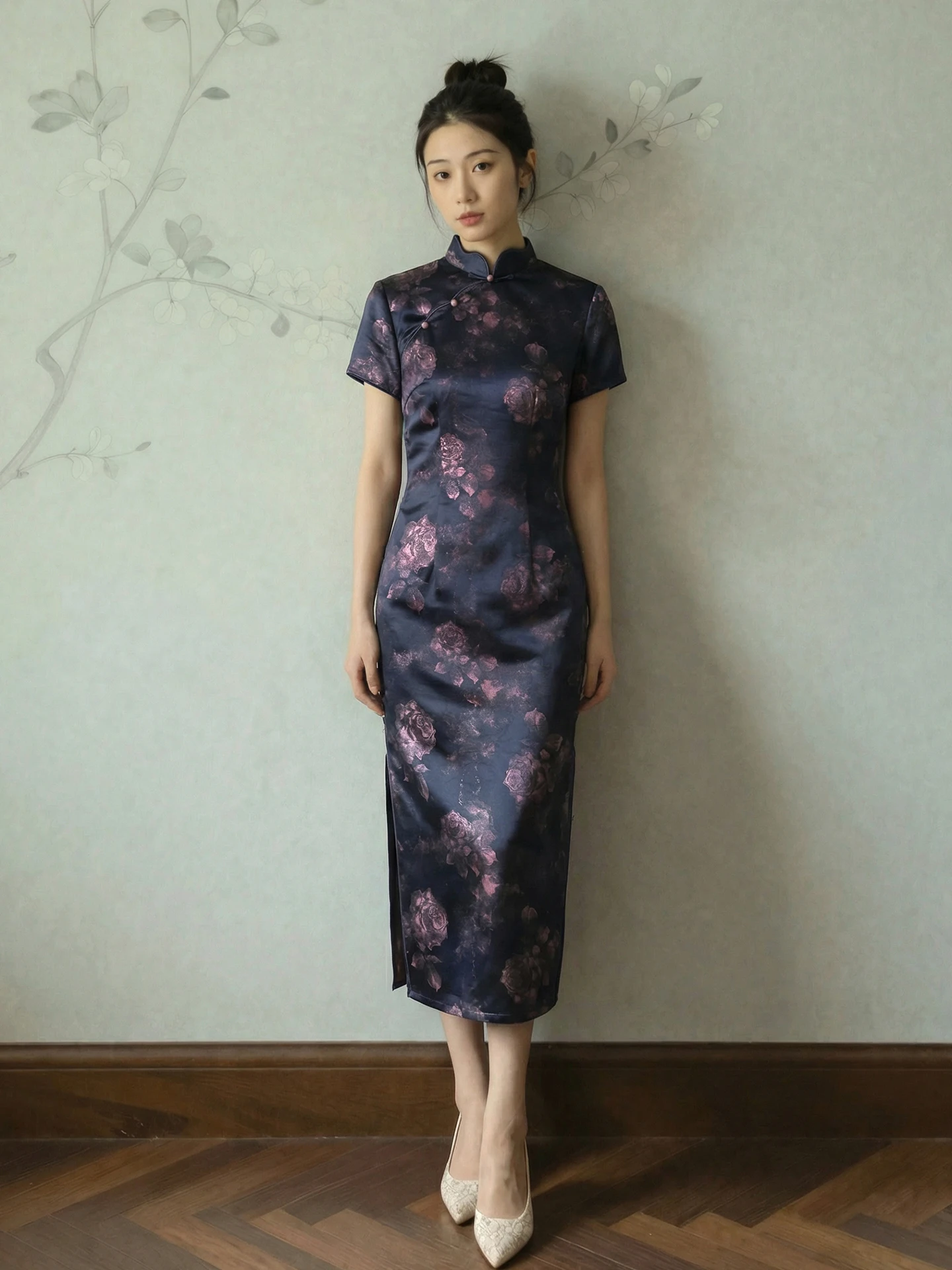 Revised Mid-Length Sleeveless Breathable Daily Wear Stand Collar Slim Fit  Dress in Deep Blue Floral Pattern