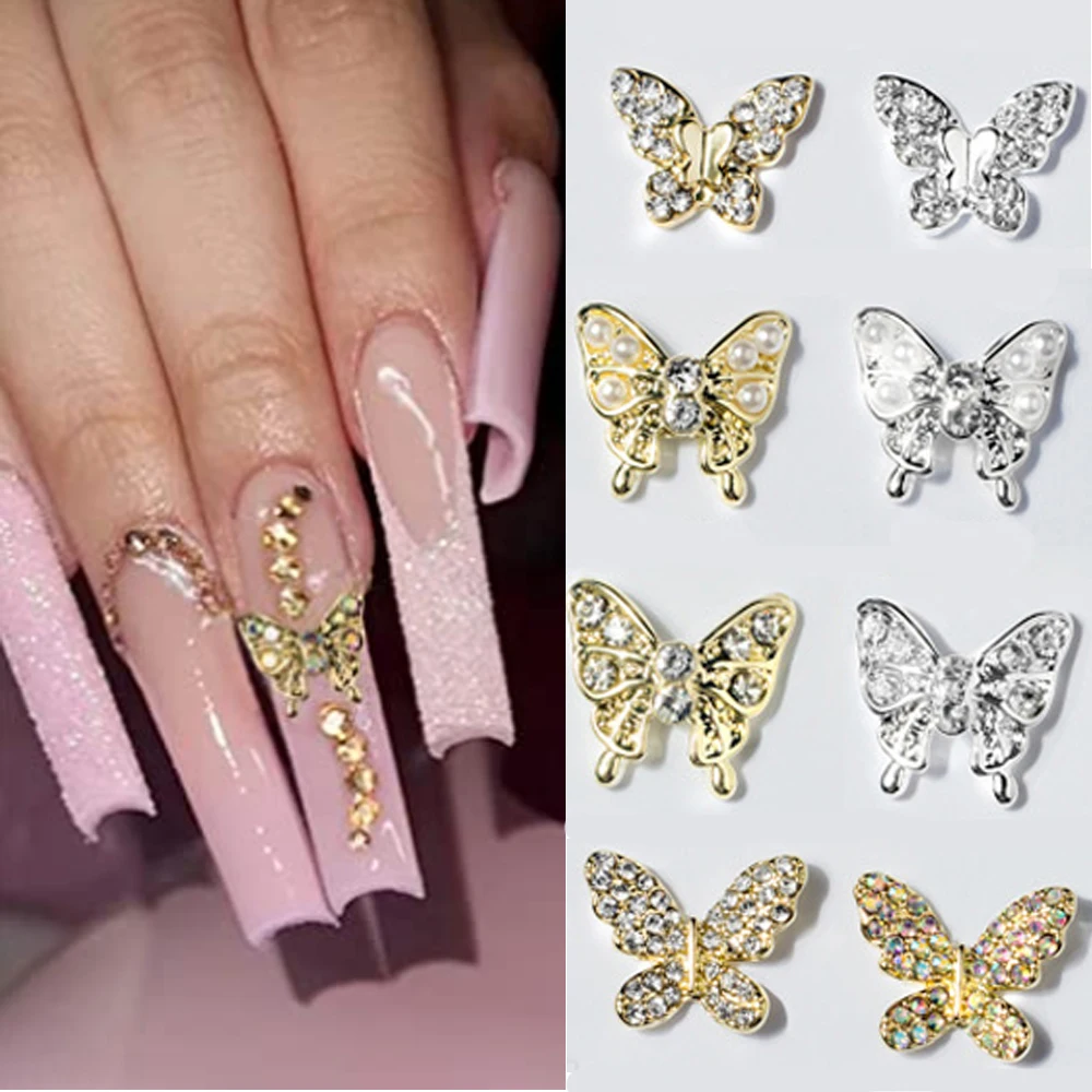 10pcs Multi-Designs Borboleta Nail Art Jóias 3D Borboleta (Com Pérola Diamante Rhinestone) Nail Charm Alloy Nail Acessórios