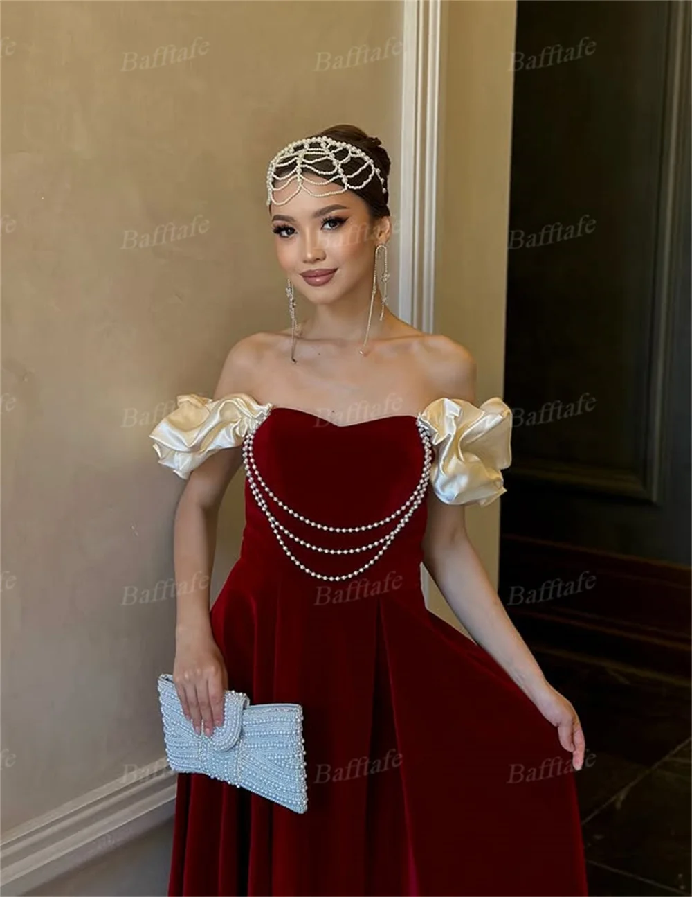 Bafftafe Burgundy Velour Long Prom Gowns Customized Champagne Short Sleeves Pearls Korea Women Formal Eveninig Party Dresses