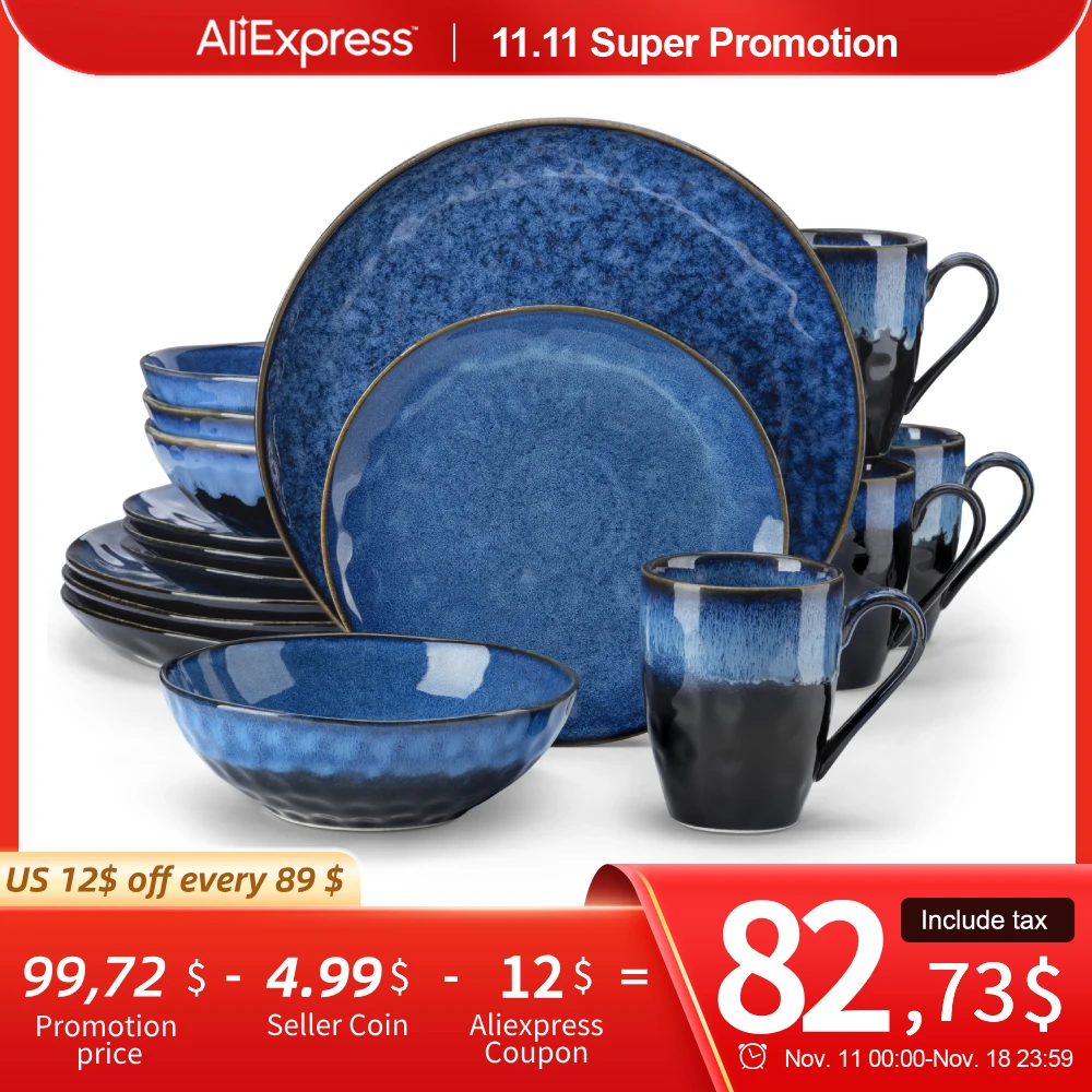 VANCASSO 16/32/48-Piece Starry Blue Dinner Set,Kiln Change Glaze Tableware Dinner Set with Dinner Plate,Dessert Plate,Bowl,Mug