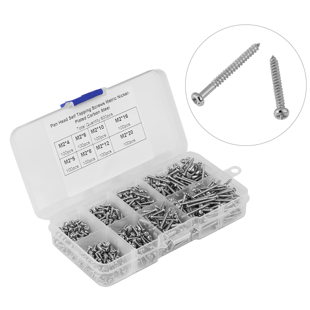 800-Piece M2 Nickel-Plated Carbon Steel Pan-Head Self-Tapping Screw Assortment Set: M2 x 4/5/6/8/10/12/16/20 (100 pieces each)