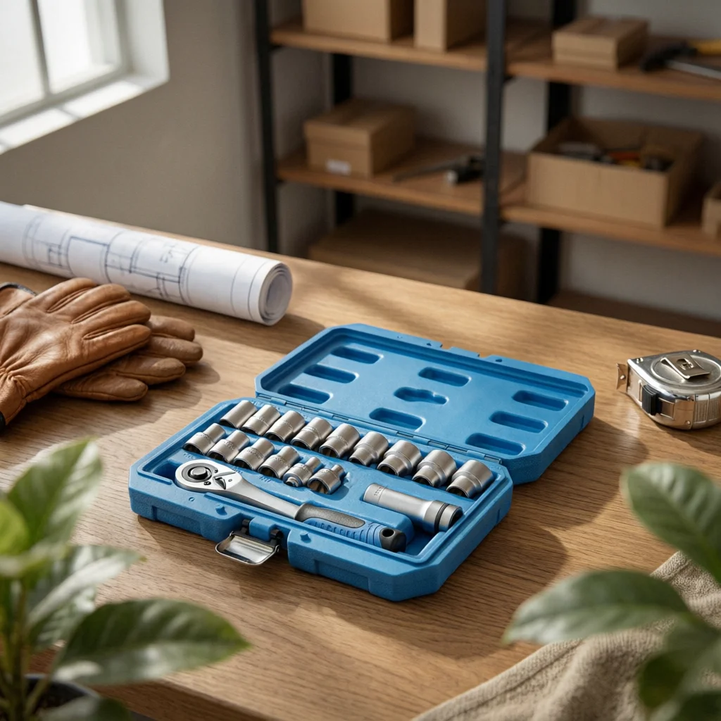 

17 Pieces Through-Through-Center Ratchet Socket Set Metric Sizes 12-Point Socket Set Front Latch Long Extension