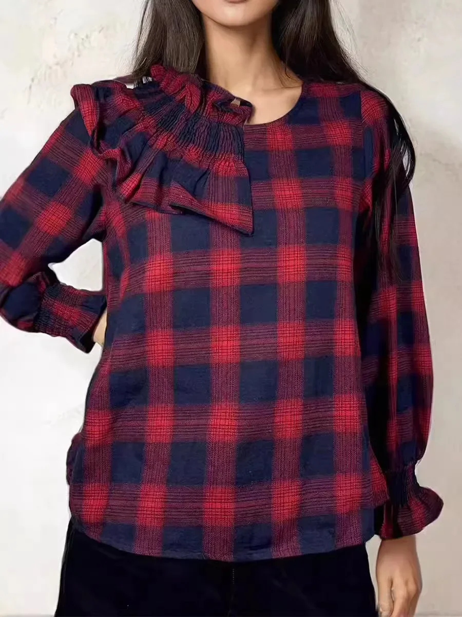 

Autumn New Plaid Blouses Shirt Women Puff Sleeve Ruffles Patchwork Cotton Shirts Casual Loose Women Blouse Shirts