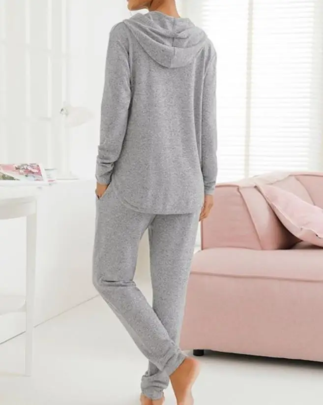 Two Piece Set Women Outfit 2023 Spring Fashion Casual Plain Long Sleeve Hooded Top & Drawstring High Waist Daily Long Pants Set