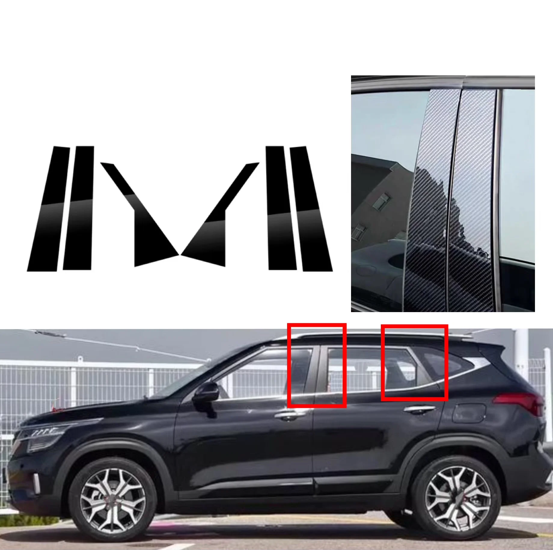 

6PCS Glossy Black Pillar Post Silver Carbon Fit For KIA Seltos KX3 2019 2020-2023 Door Moulding Sticker Cover Window Trim