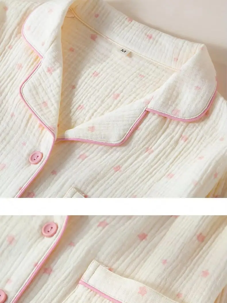 2pcs Women's Pajama Set Pastoral Style 100% Cotton Gauze Lapel Collar Lightweight Skin-friendly Breathable Wearable Outside Loun