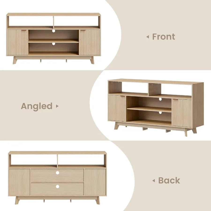 ตู้วางทีวีสไตล์มิดเซ็นจูรี่โมเดิร์น ขนาด 59 นิ้ว พร้อมที่เก็บของ ตู้วางทีวีทรงสูงพร้อมบานประตูแบบร่อง 2 บาน เหมาะสำหรับ