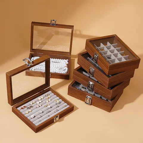 Smyckeskrin i valnötsfärg, förvaringslåda för ringar och halsband, örhängen, örhängen, armband, smyckeskrin, smyckeskrin i massivt trä 12 best sales valnötslåda - №1