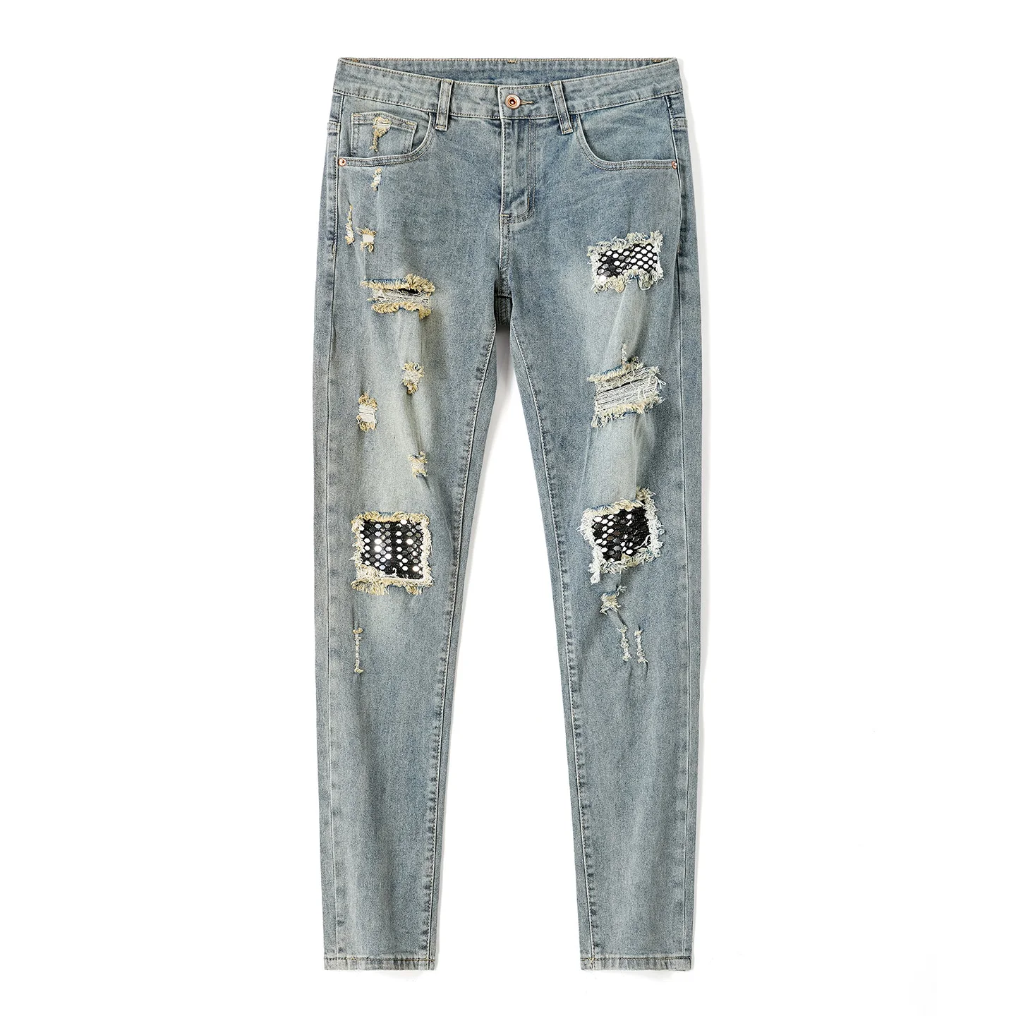 Men's Jeans Straight Fit Destroyed Denim Man Pants Patch Embroidered Stretch Cotton Casual Slim Tapered Vintage
