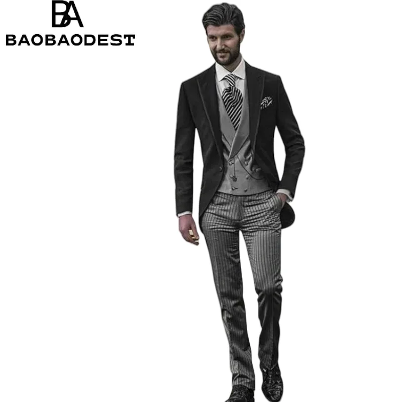 

Men's Striped 3-Piece Suit Set - Peak Lapel Single Button Tuxedo with Vest & Pants, Business Wedding Formal Outfit (Custom Tailo