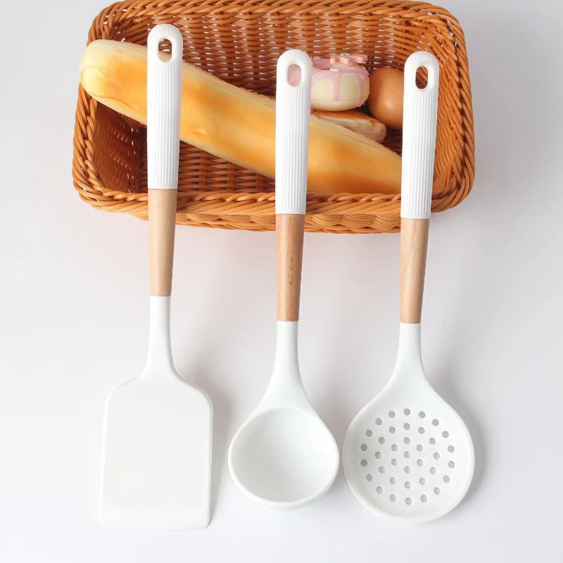 3Pcs Kitchen Utensil Set Wooden Handle Spatula Soup Slotted Spoon Kit Cooking Tools for Non-stick Pan Household Use