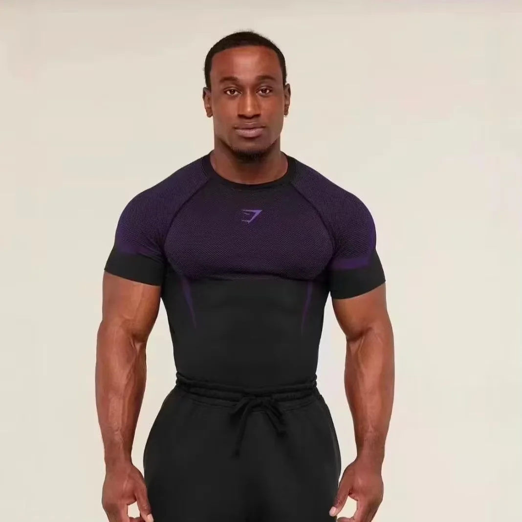 GYMSHARK ONYX 5.0 Men's Fitness Suit Fitness Tight Top, GYMSHARK 5.0 Superhero Fitness Sports Running Shapewear T-shirt