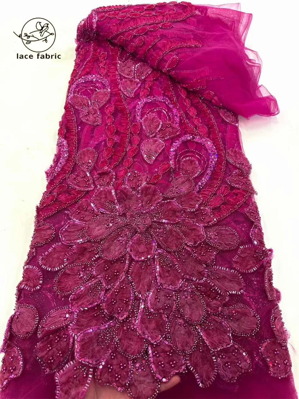 3D African Beaded Sequined Lace Fabric 2026 French Nigerian Tulle 3D Lace Embroidery Fabric for Bridal Wedding Gown Materials