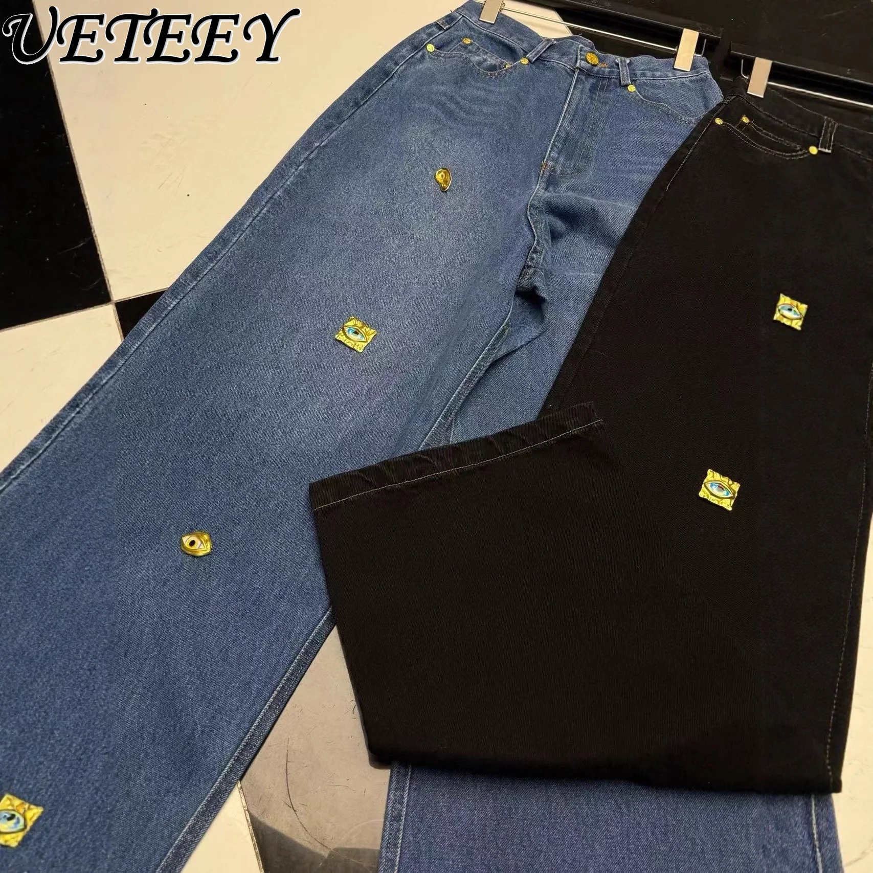 

2026 Spring Metal Buckle Decorated Mid-Waist Wide-Leg Jeans Washed Straight Long Trousers Casual Versatile Loose Oversized Pants