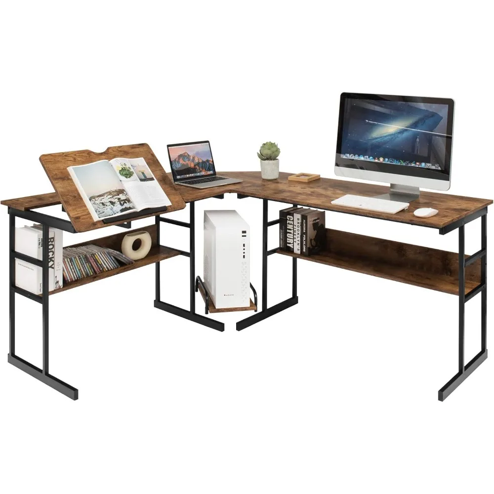 L-Shaped Office Desk, Corner Computer Desk with Bottom Bookshelves & CPU Stand, Drafting Drawing Table with Tiltable