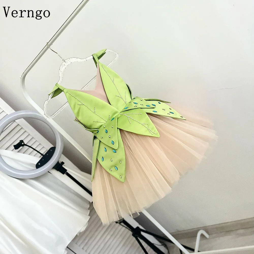 Verngo Green Satin  Kid Mini Birthday Party Dress V Neck Sleeveless A line Ball Gown Celebrity Girl Flower Dress Customized