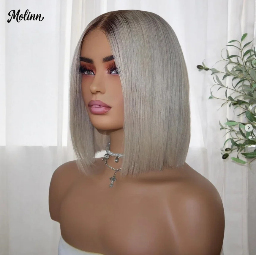 Silver Grey Ombre Wig 13x4 HD Bob Lace Front Wig Straight Short Lace Frontal Wig Synthetic Hair PrePlucked Cosplay Daily Wear