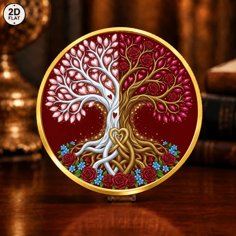 1pc Eternal Love Tree of Life Commemorative Coin UV Print Intertwined Heart Roots & Red Rose Challenge Medal Love Keepsake Gifts