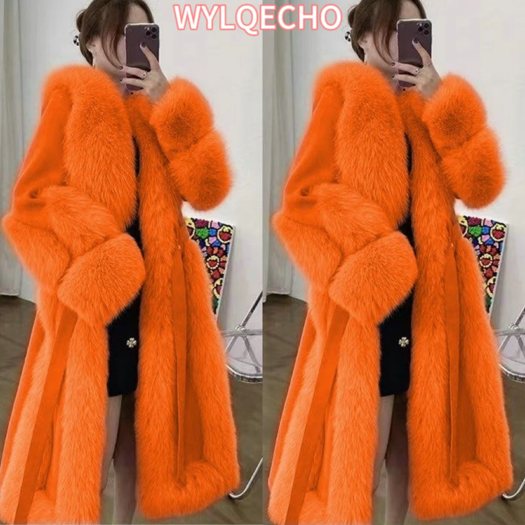 Winter Long Warm Thick Wool Faux Fur Coat Women Fur Collar Scarf Cuff Runway Loose Luxury Designer Clothing Women 2023 Fashion