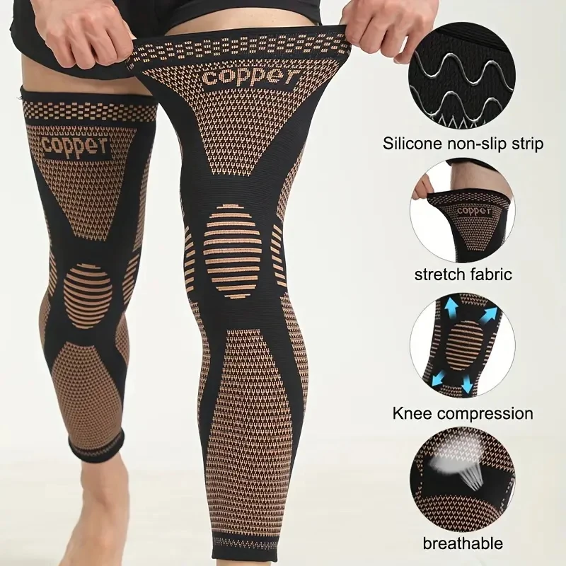 1 Pair Copper Compression Knee Sleeves, Stretchable Full Leg Support Knit Fabric Knee Brace Breathable