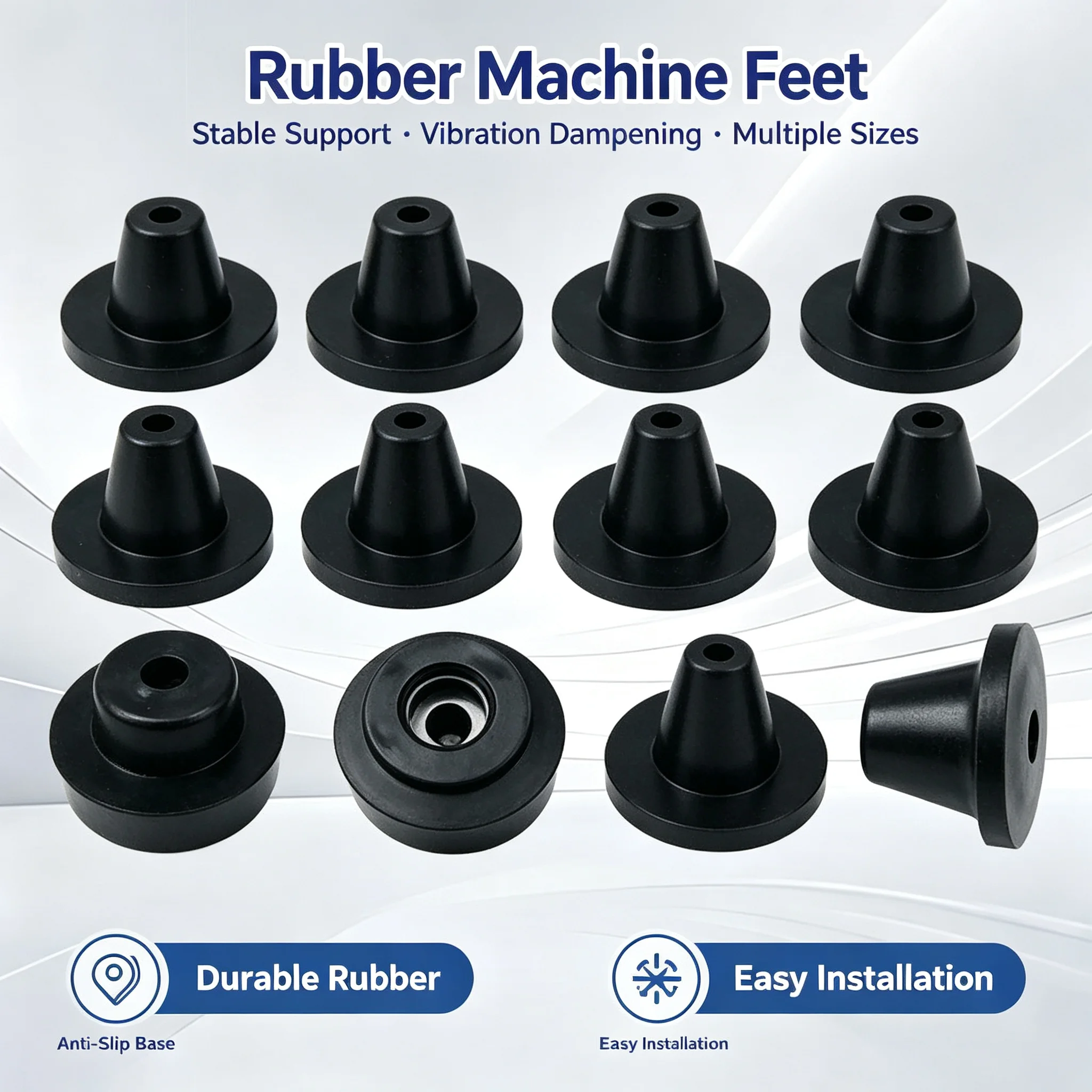 Rubber machine foot pads, instrument chassis pads, furniture tables and chairs, tapered height-increasing foot pads, instrument