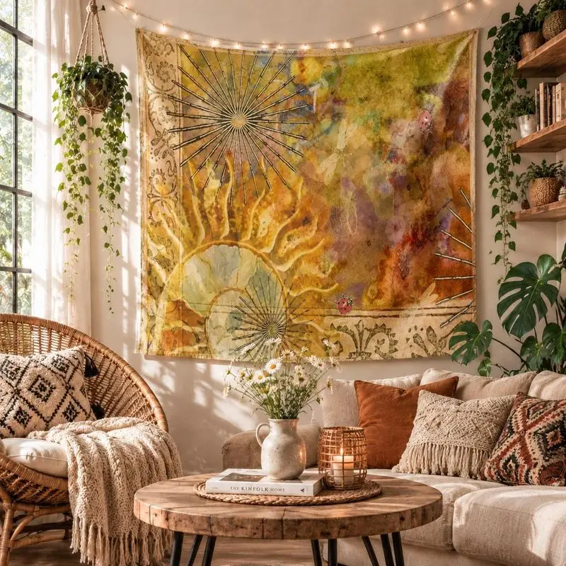 VIKAMA Wall Tapestry Boho Pink Sun Face Moon Star Floral Mandala Art Home Decor Living Room Bedroom Dorm Aesthetic Print Soft