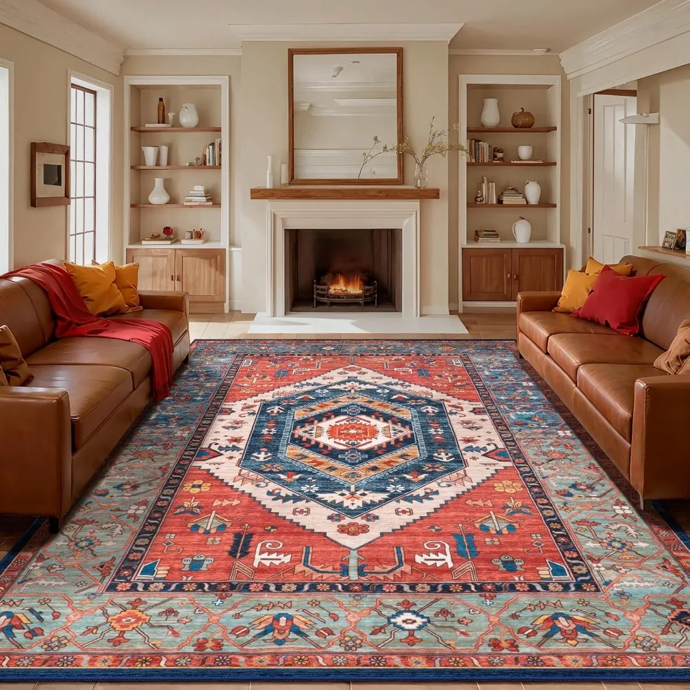 

Washable Rugs 9x12 Area Rugs, Large Non-slip Boho Living Room Rust Rug