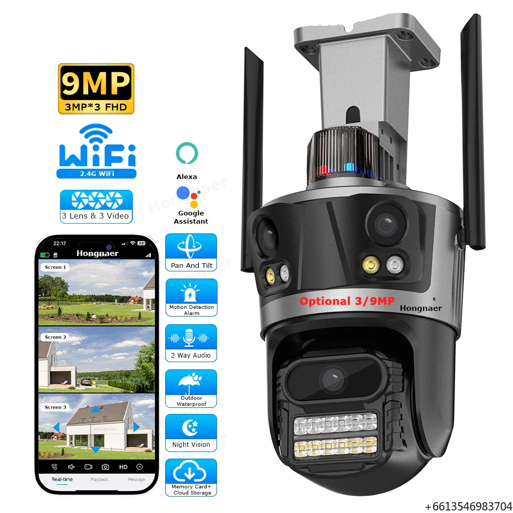 

Hongnaer 3/9MP Outdoor Wireless 360 Surveillance PTZ IP Camera ICSee Monitor Smart Home 3 Lens WiFi Security CCTV Network Camera