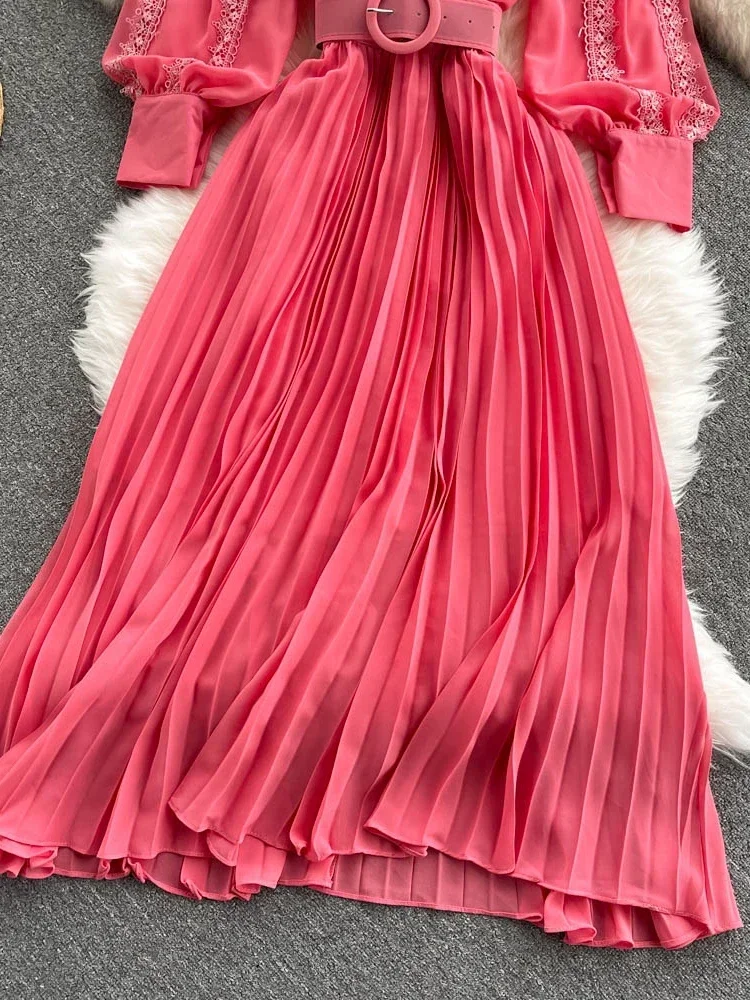 Women Lace Patchwork Pleated Chiffon Long Dress Autumn Winter Red/Black/Blue Draped Party Vestidos With Sashes Female Robe 2021