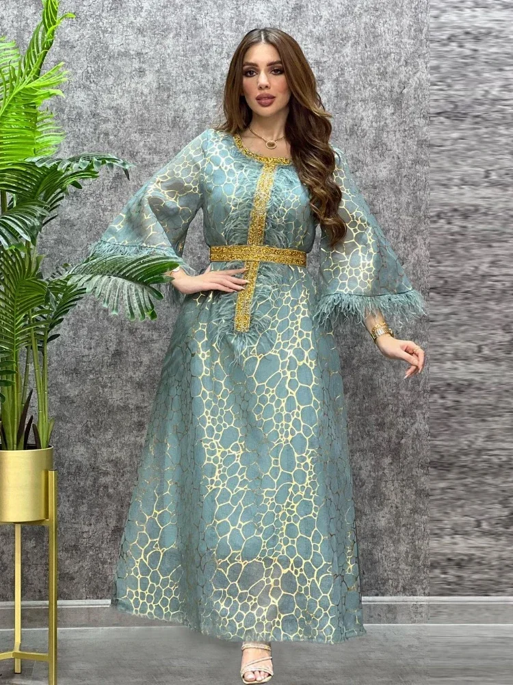 Autumn Islamic Clothing Muslim Dress Women Dubai Turkey Long Robe Kimono Sequin Ethnic Style Seven-point Sleeve Feather Dresses