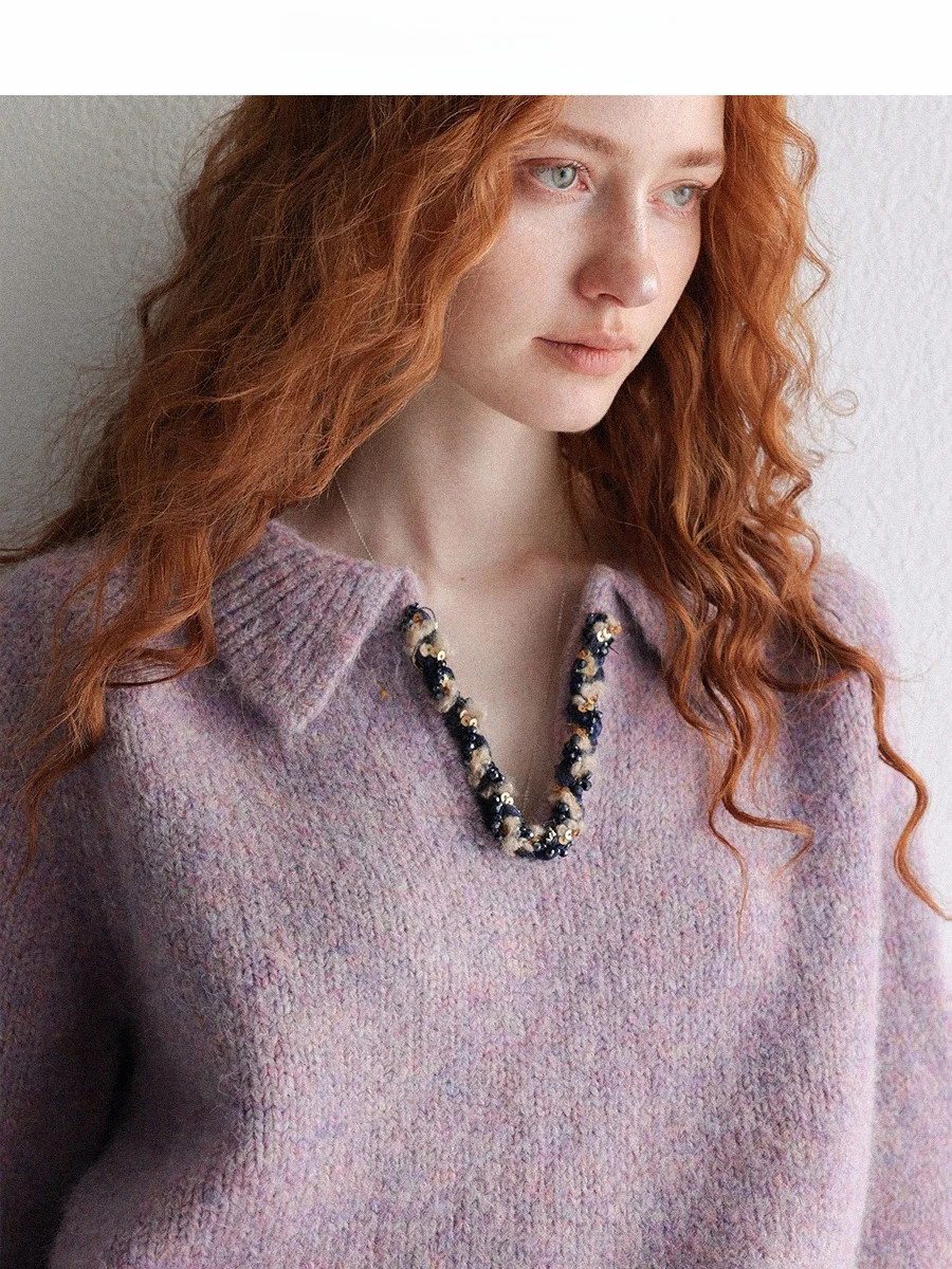 

CHACHASTU Мягкий утепленный фиолетовый свитер с V-образным вырезом для женщин, осенне-зимний, облегающий, теплый, с капюшоном, удобный, эластичный, с длинными рукавами