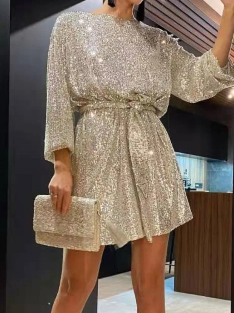 Lady Fashion Sequins Dress Elegant O Neck Long Sleeve Lace-up Mini Dresses For Women Formal Evening Party Skirts Womens Clothing