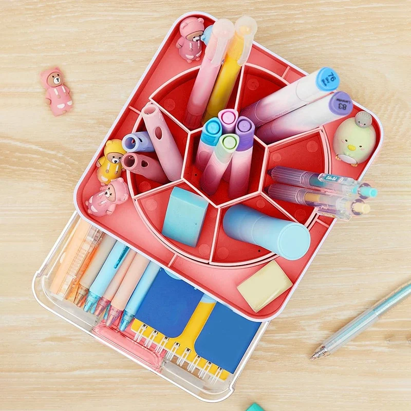 Rotating Pen Pencil Holder Desk-Organiser Pencil Pots Makeup Brush Holder + 11 Compartments For Home Pink