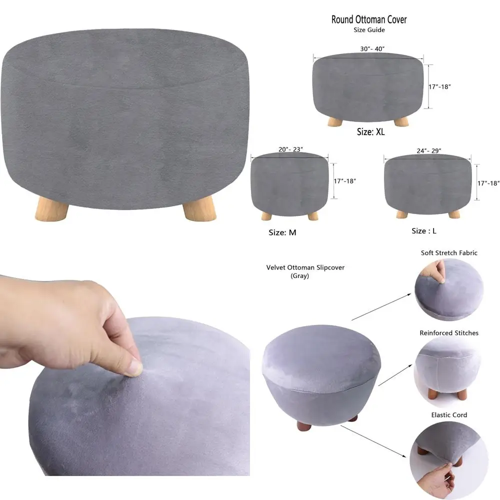 stretch round ottoman cover,velvet footstool slipcover storage stool furniture protector modern style (gray, l-round)