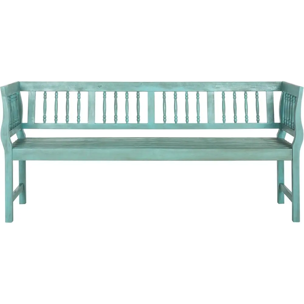 

Скамейка из состаренной древесины акации цвета «Брендтвуд» (синий и бежевый) с серебряными акцентами — классическая коллекция уличной мебели для сада