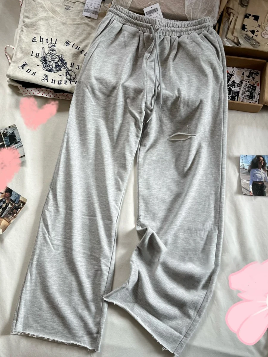 

Vintage Hole Gray Drawstring Long Pants Autumn Cotton Raw Trim Loose Trousers Women Streetwear Casual Straight Sweatpants Y2k