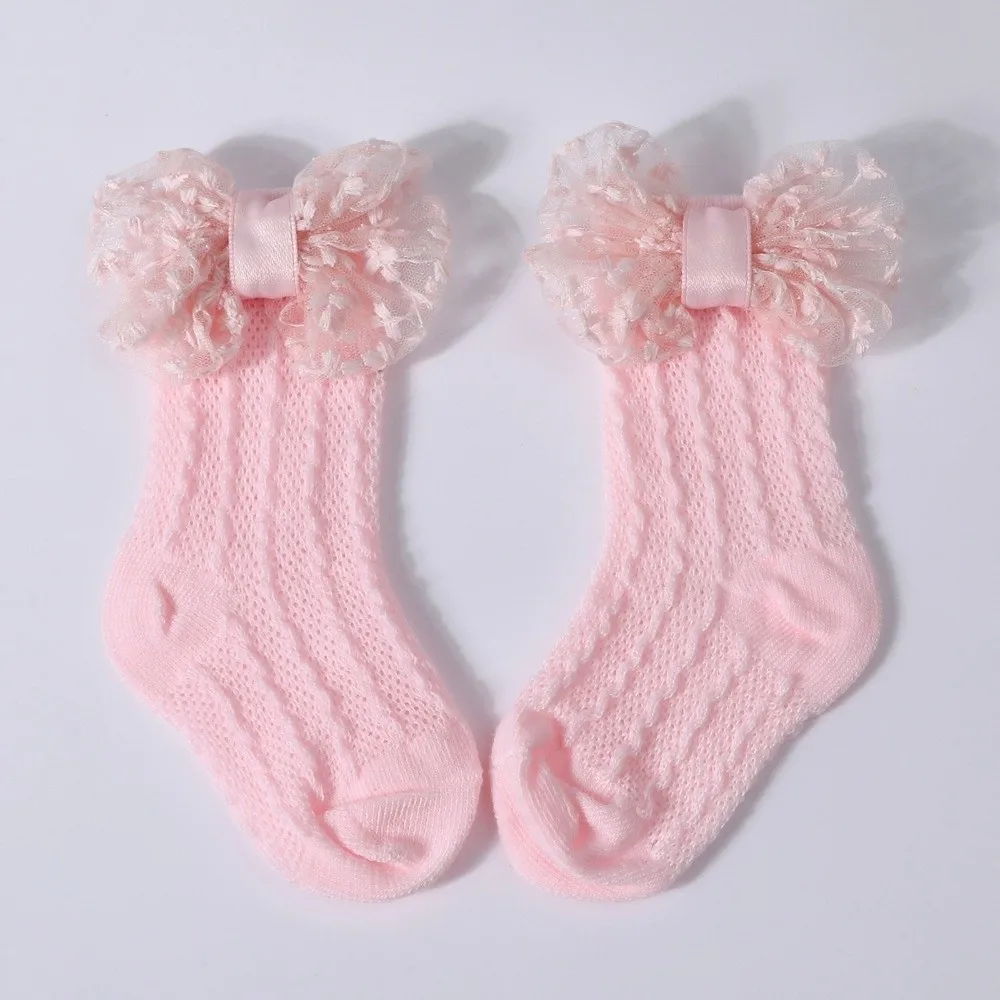 2PCS/Set Solid Color Headband Socks Lace Bow Elastic Knit Socks Set Breathable Hollow Out Newborn Long Socks