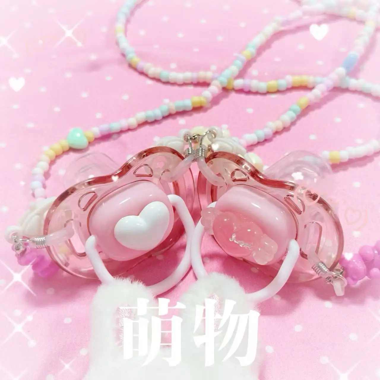 Cute  Adult Pacifier With Chain Clip Comforting Toy Transparent Soft Bow Cartoon Candy Bunny  Cosplay Accessories Gift