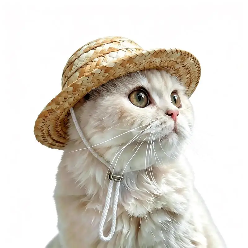 Cute Pet Straw Hat Adjustable Chin Strap Lightweight Breathable Sun Hat For Cat Small Dog Photo Prop Accessories