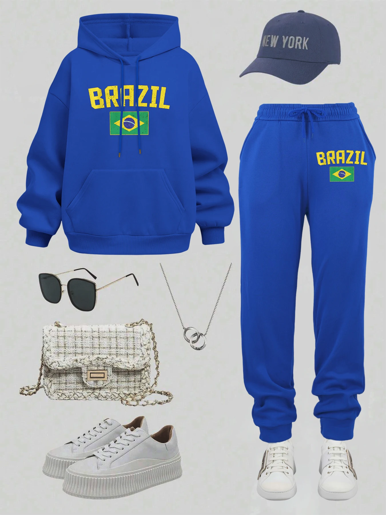 ชุดฮู้ดดี้แฟชั่นผู้หญิงลายตัวอักษรและธงชาติบราซิล พร้อมกางเกงวอร์มทรงหลวม สไตล์ลำลอง สำหรับออกกำลังกาย วิ่งจ๊อกกิ้ง สตรีทแวร์ ผ้าฟลีซ สำหรับฤดูใบไม้ร่วง