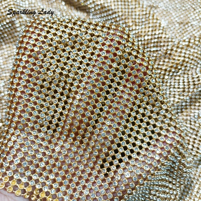 Bling Crystal Mesh Fabric Gold Flexible Aluminum Base Glass Rhinestone Mesh for DIY Sewing Cosplay Dress Bag Body Jewelry