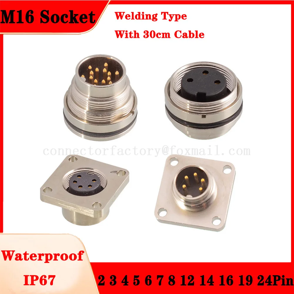 

M16 2 3 4 5 6 7 8 12 14 16 19 24 Pin Waterproof IP67 Aviation Male Female Welding Type Socket With 30cm Cable Threaded Connector