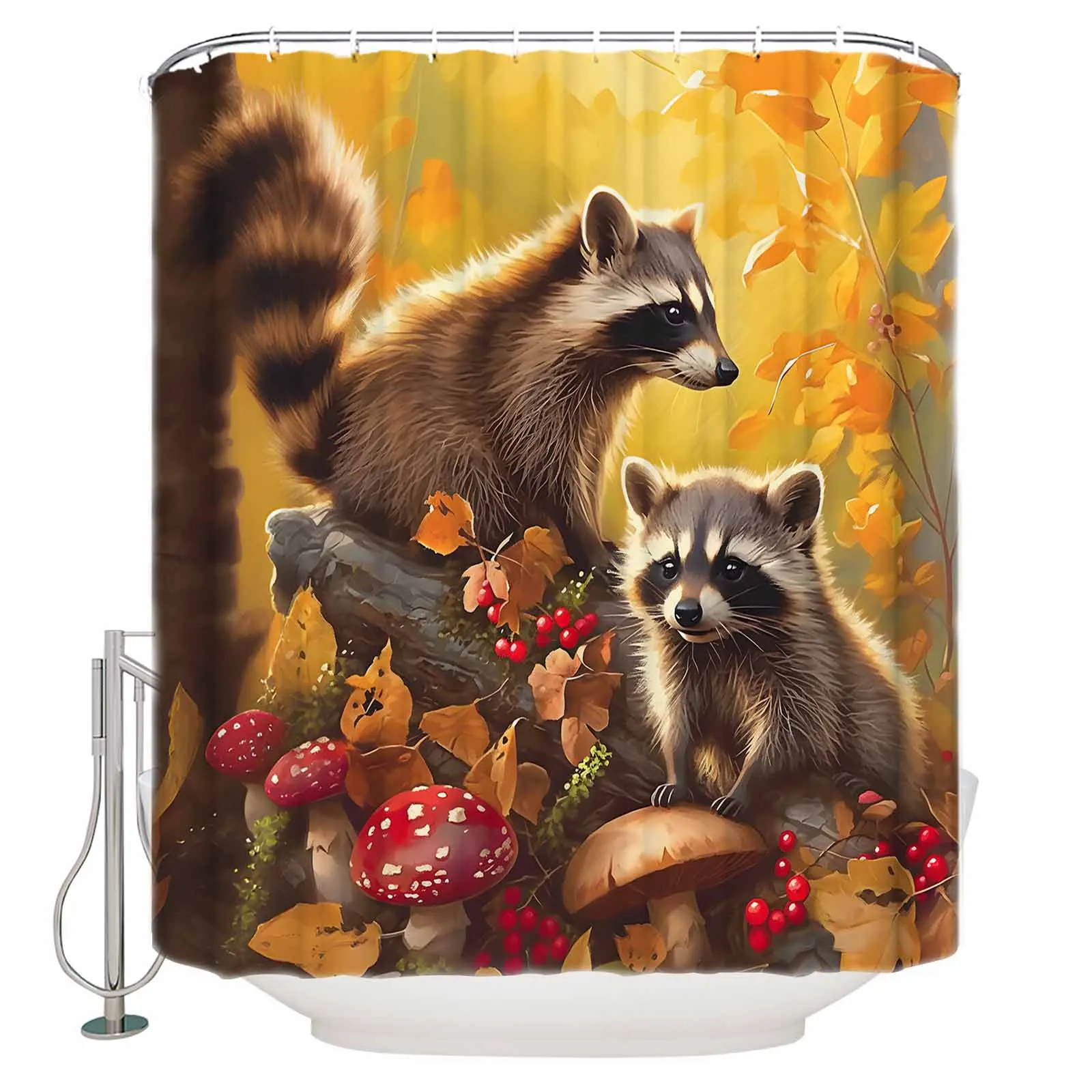 Autumn Maple Leaves Mushrooms Raccoon Shower Curtains Waterproof Bath Curtains Home Decor Modern Luxury Bathroom Curtain