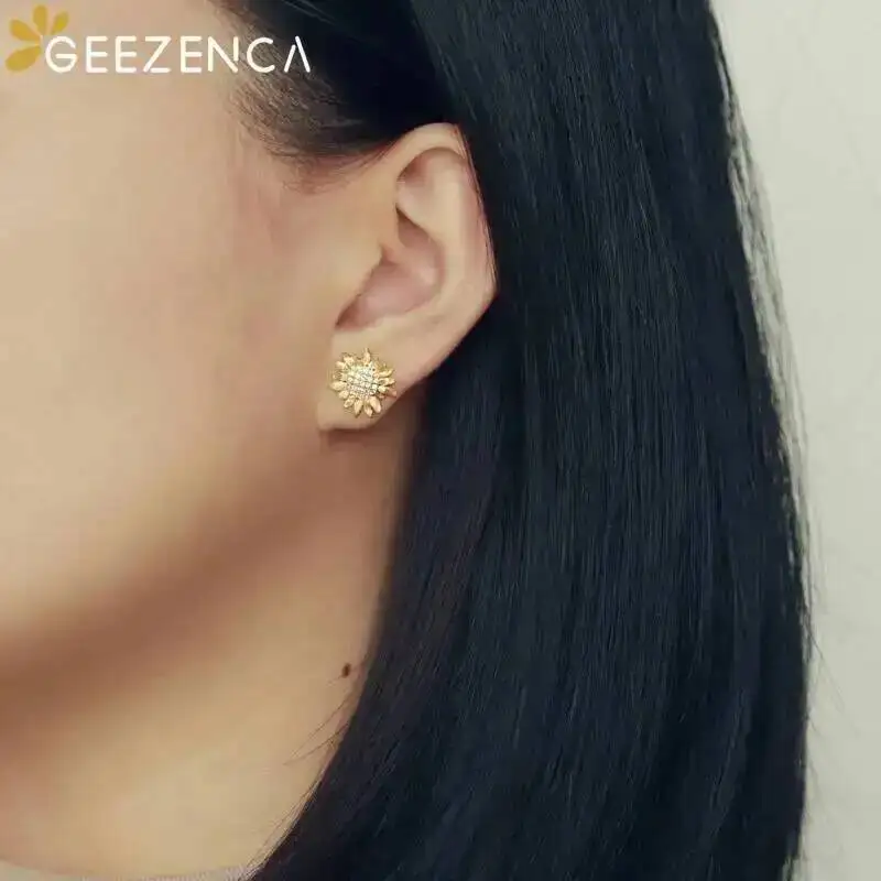GEEZENCA S925 Silver 5A Zircon Sunflower Tassel Dangle Earrings For Women Original Design Aesthetic Chic Earring