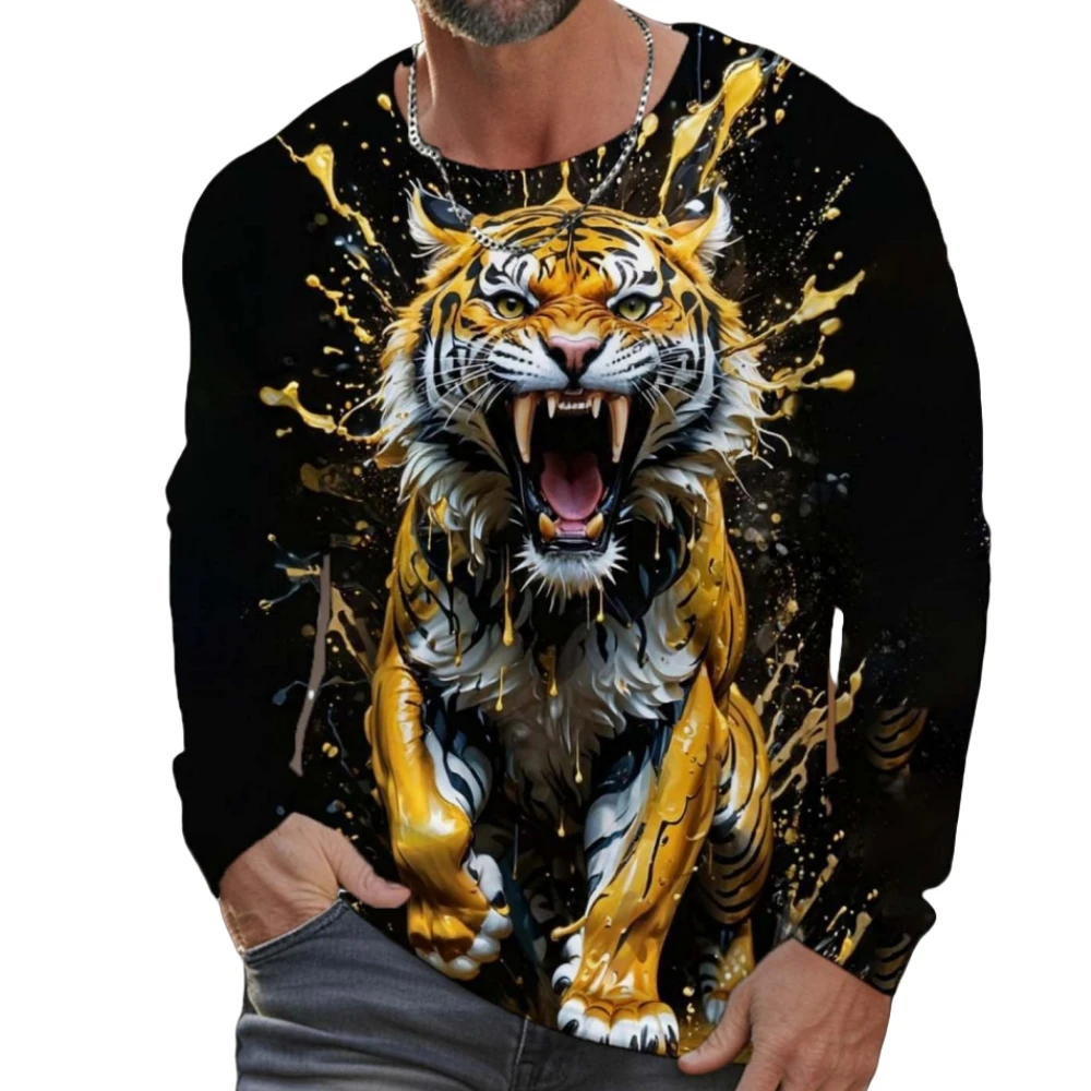 

Fashion Tiger Pattern Men's T-Shirt Autumn Long Sleeve New Casual O-Neck Pullover Tops Funny 3D Animal Print Tees Unisex Clothes